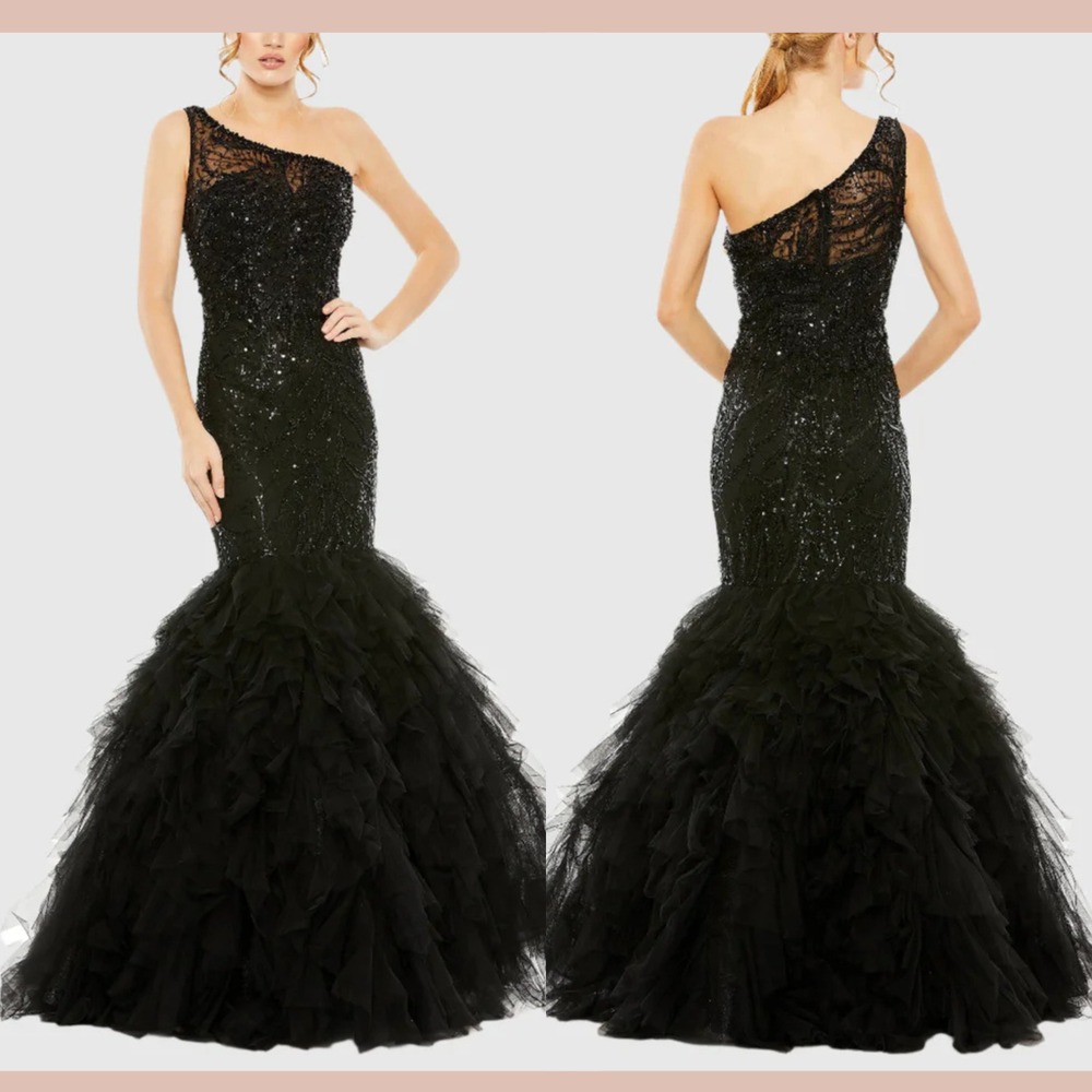NWT MAC DUGGAL [ 4 ] 20545 Embellished One Shoulder Mermaid Gown‎ Black #J1494